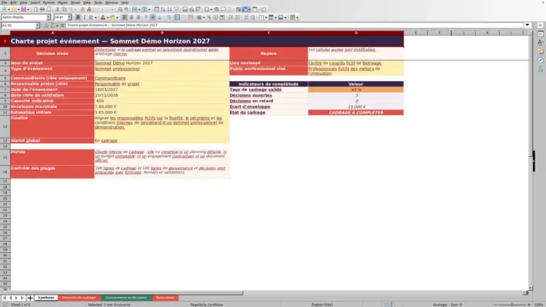 Aperçu de Charte projet événement Excel : modèle de cadrage