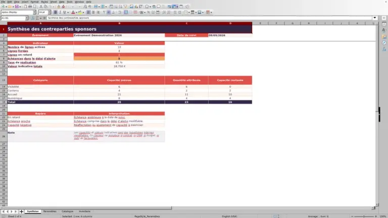 Aperçu de Inventaire des contreparties sponsors sur Excel : modèle de suivi