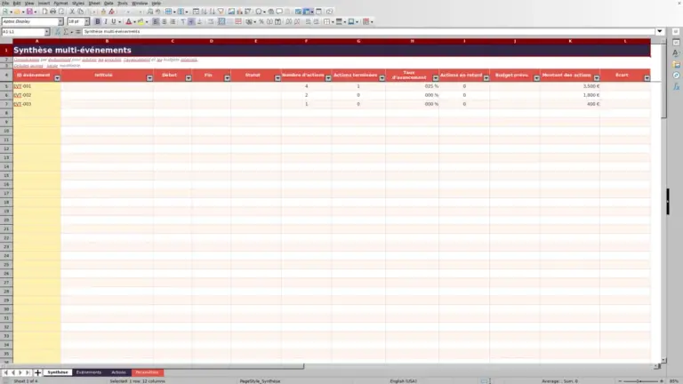 Aperçu de Planning multi événements Excel : modèle de suivi 2026